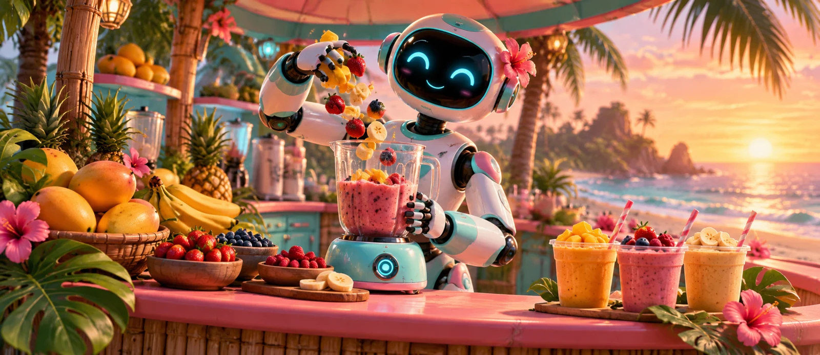 A unique 3D illustrated scene for Blend2Go: A robotic smoothie kiosk concept.