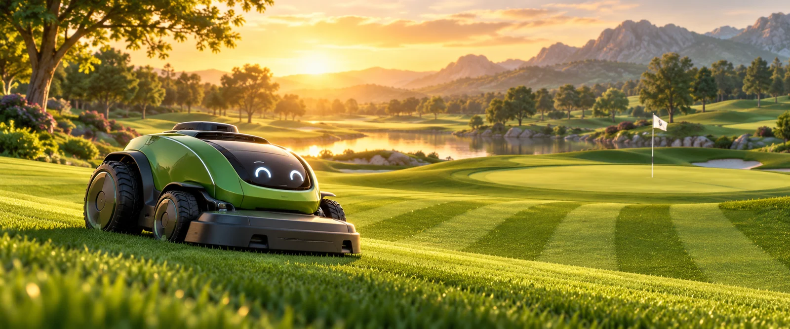 A unique 3D illustrated scene for Mow2Go: Robotic mowing for golf courses and large landscapes.
