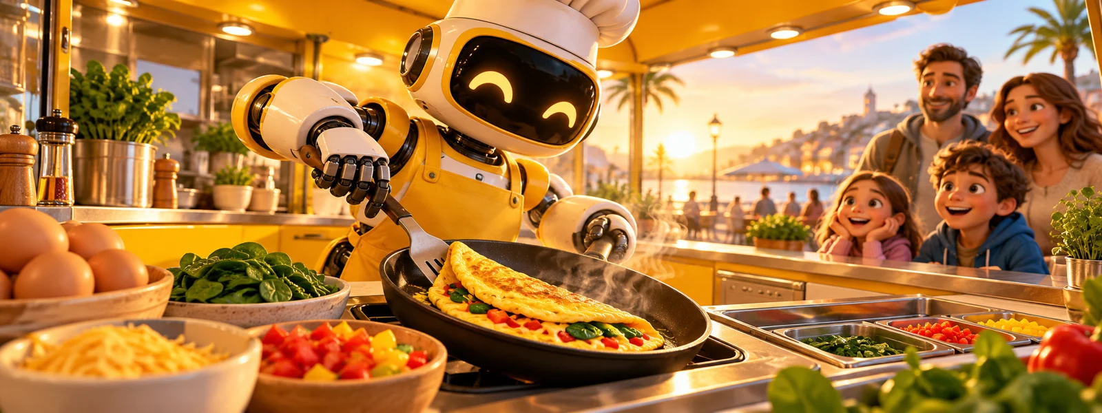 A unique 3D illustrated scene for Omelet2Go: A robotic kiosk concept for customizable omelets.