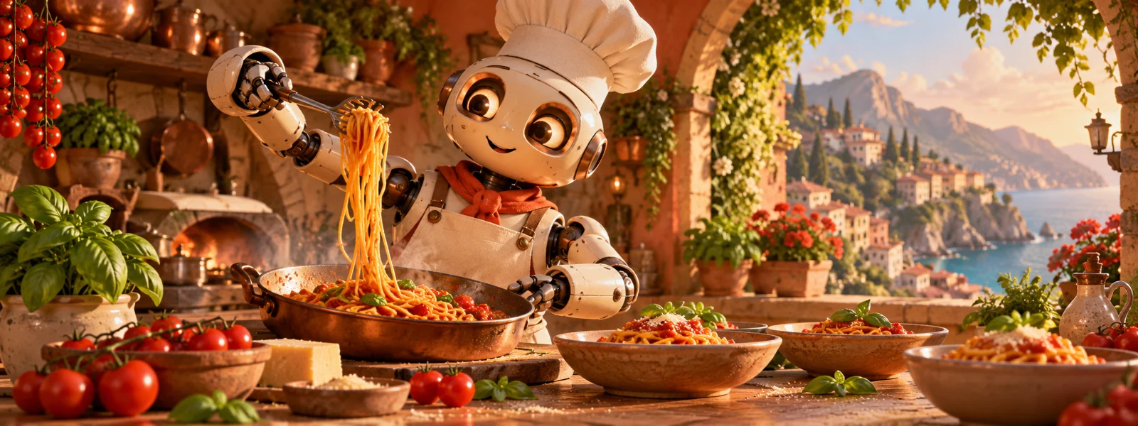 A unique 3D illustrated scene for Pasta2Go: Custom pasta bowls and signature sauces.