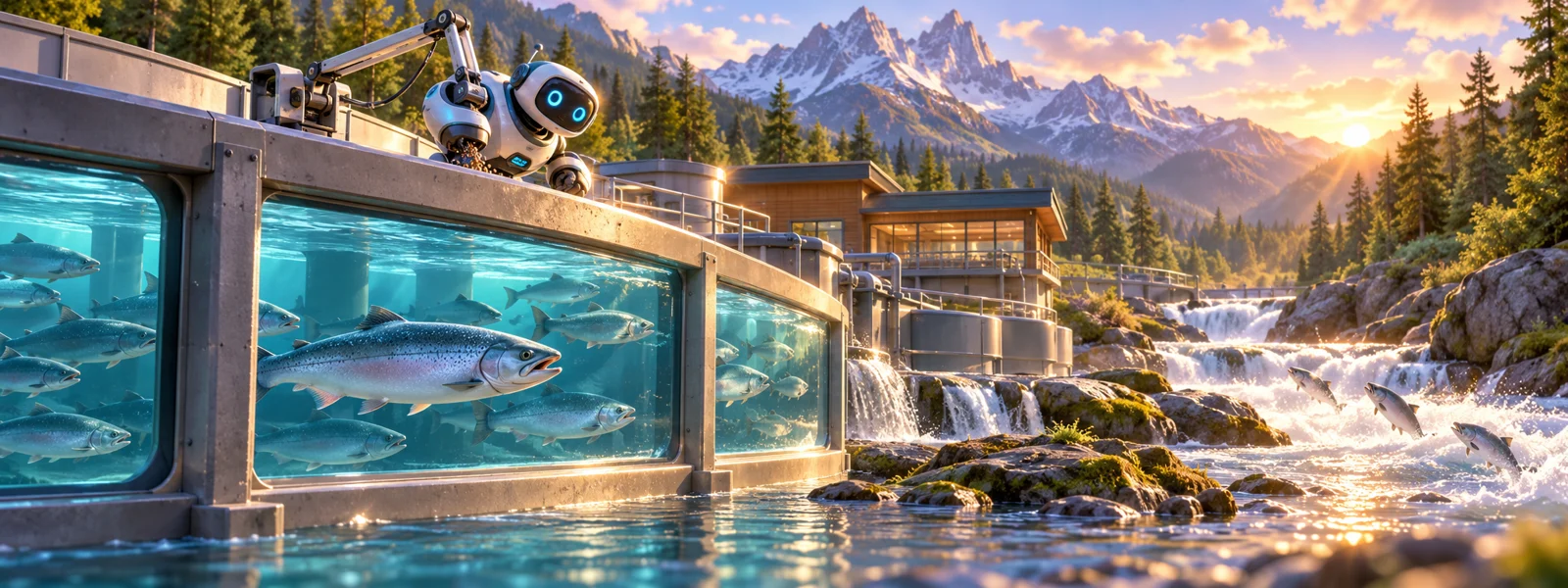 A unique 3D illustrated scene for SalmonStream: Salmon farming and quality seafood production.
