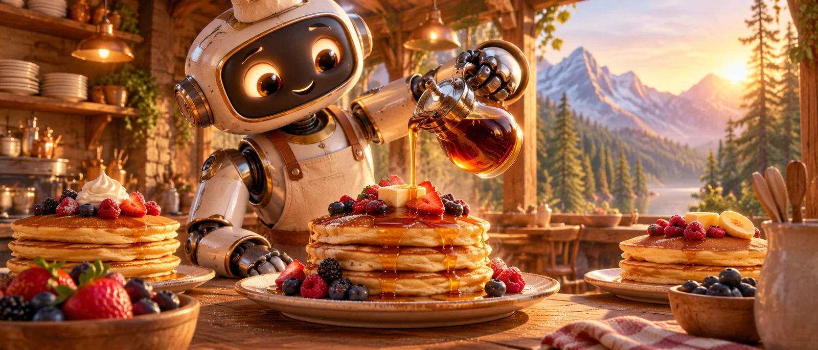 A unique 3D illustrated scene for Stacks2Go: Pancakes, creative toppings, and convenient kiosks.