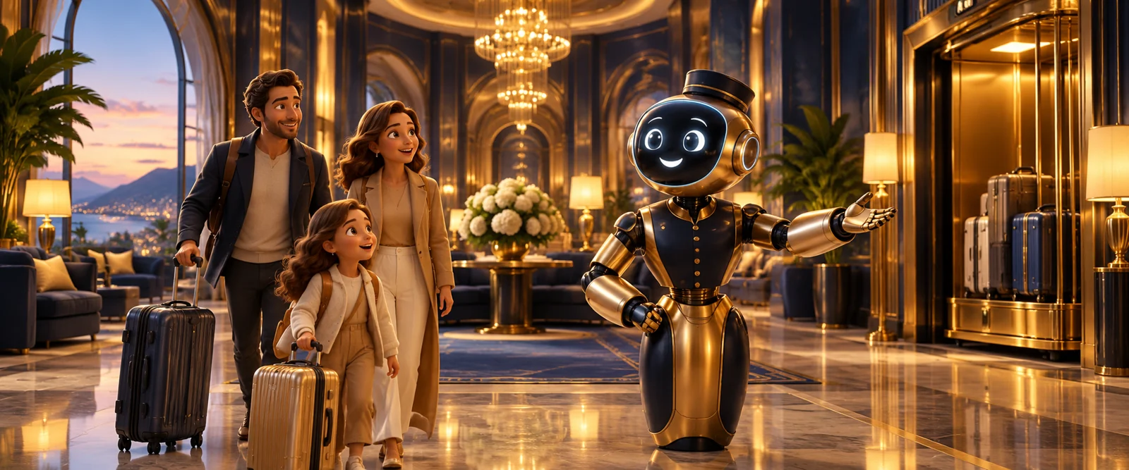 A unique 3D illustrated scene for Stay2Go: A hotel concept exploring robotic hospitality.